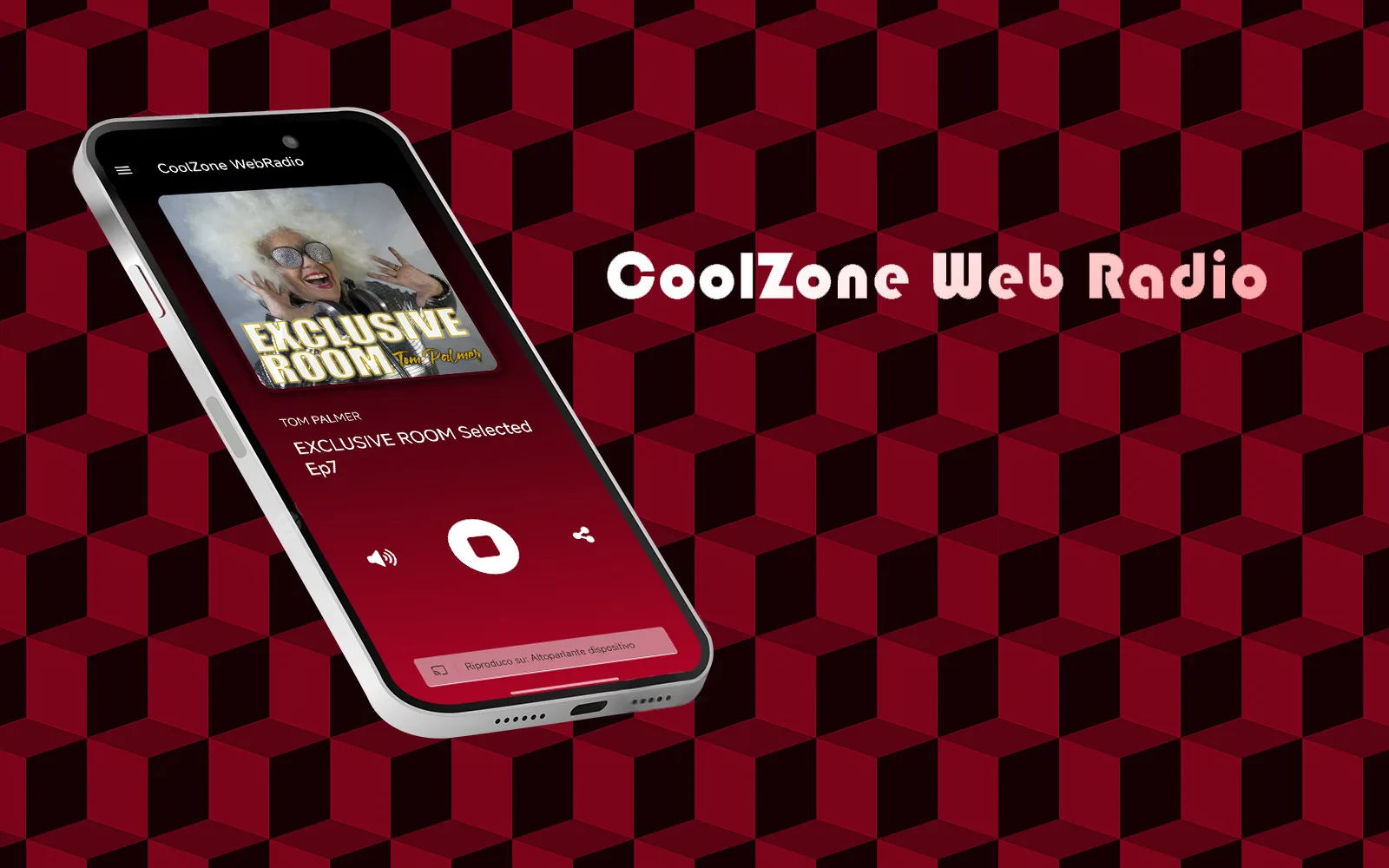 L'app CoolZone WebRadio su uno smartphone, con il player della diretta e la copertina del programma in onda