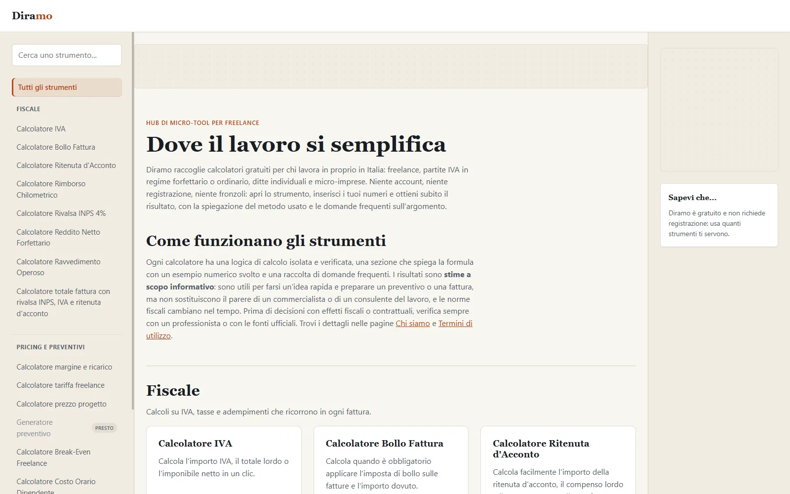 Home page di Diramo con l'elenco dei calcolatori per freelance divisi per categoria e la barra laterale di navigazione